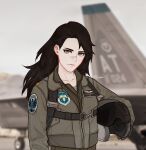  1girl aircraft androgynous belt black_hair blurry blurry_background closed_mouth commentary dated day english_commentary engrish_commentary gloves grey_eyes grey_sky headwear_removed helmet helmet_removed holding holding_helmet long_hair long_sleeves looking_at_viewer military military_uniform original outdoors patch photo_background pilot pilot_helmet pilot_suit scar scar_on_face scar_on_nose skyleranderton solo uniform upper_body zipper 