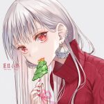  1girl artist_name bangs candy earrings eating eyeliner food jewelry lollipop long_hair looking_at_viewer makeup natsume_koji original pink_lips red_eyes red_nails red_sweater ribbed_sweater silver_hair smile solo sweater turtleneck turtleneck_sweater 