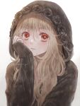  1girl artist_name bangs black_hoodie blonde_hair blush expressionless eyebrows_visible_through_hair floral_print ginniroya hair_between_eyes hand_on_own_cheek hand_on_own_face hand_up highres hood hood_up hoodie long_hair looking_at_viewer original parted_lips red_eyes simple_background sleeves_past_wrists solo upper_body white_background 