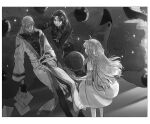  1boy 2girls greyscale highres long_hair lord_(lord_of_heroes) lord_of_heroes monochrome moonnacorn mu_(lord_of_heroes) multiple_girls pale_skin planet planetary_ring rouin_(lord_of_heroes) sky star_(sky) starry_sky twintails 