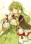 1girl blush bow breasts cannae_le_fey dress green_hair hair_bow kuzuvine long_hair long_sleeves looking_to_the_side lord_of_heroes pale_skin ribbon sparkle violet_eyes 