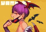  1girl animal bandaid bat bat_wings bridal_gauntlets collarbone copyright_name demon_girl demon_horns demon_wings english_text fangs feather_trim from_side half-closed_eyes hankuri heart heart_tattoo horns lilith_aensland looking_at_viewer looking_to_the_side mask mouth_mask purple_hair red_eyes sharp_teeth short_hair simple_background solo tattoo teeth vampire_(game) vampire_(vocaloid) wings yellow_background 