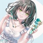  1girl aqua_hair aqua_nails artist_name black_hair breasts earrings frills green_eyes grin jewelry looking_at_viewer medium_hair multicolored_hair natsume_koji necklace original parfait smile solo spoon two-tone_hair 