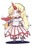 1girl ;d bangs blonde_hair chibi cuffs cup eyebrows_visible_through_hair fried_rice0614 full_body geta grin hand_on_hip highres holding holding_cup horns hoshiguma_yuugi long_hair looking_at_viewer one-hour_drawing_challenge one_eye_closed red_eyes red_horns sakazuki see-through_skirt shackles shirt simple_background single_horn skirt smile solo touhou white_background white_shirt