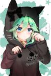  1girl absurdres animal_collar animal_hood bangs bell black_jacket blue_eyes blush cat_hood collar commentary_request eiji_(monochromexd) eyebrows_visible_through_hair green_hair hair_between_eyes highres hood hood_up hooded_jacket hoodie jacket kantai_collection looking_at_viewer neck_bell paw_pose red_collar solo yamakaze_(kancolle) 