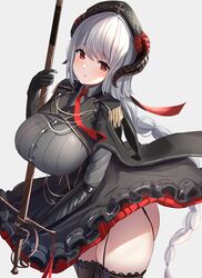  1girl azur_lane bangs black_legwear blush braid breasts buttons closed_mouth commentary_request epaulettes eyebrows_visible_through_hair frills garter_straps gloves hat highres holding horns large_breasts long_hair long_sleeves looking_at_viewer manda_(manda9n) necktie nurnberg_(azur_lane) red_eyes silver_hair simple_background single_braid skirt sword thigh-highs thighs weapon 