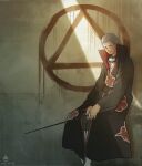  1boy akatsuki_(naruto) akatsuki_uniform black_cloak cloak closed_mouth forehead hidan_(naruto) holding holding_polearm holding_weapon jewelry long_sleeves looking_at_viewer naruto_(series) naruto_shippuuden ninja polearm ring short_hair silver_hair solo violet_eyes weapon yutake 