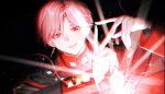 1boy absurdres dan123 earrings highres jewelry joshua_levinth joshua_levinth_(fire) looking_at_viewer looking_down lord_of_heroes magic male_focus pale_skin pink_eyes pink_hair solo 