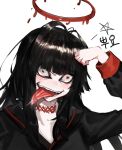  1girl bad_id bad_pixiv_id bangs black_hair black_shirt blue_archive blush dokomon halo highres long_hair long_sleeves looking_at_viewer open_mouth red_eyes saliva shirt simple_background smile solo tongue tongue_out tsurugi_(blue_archive) white_background 