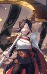  alev_valcarios alev_valcarios_(light) bbang_bread black_hair highres holding holding_weapon long_hair looking_at_viewer looking_down lord_of_heroes orange_eyes pale_skin scythe weapon 