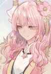  1girl blue_eyes braid dragon_girl dragon_horns flower hair_flower hair_ornament horns japanese_clothes jewelry kuzuvine lairei_yen lairei_yen_(light) long_hair lord_of_heroes necklace pale_skin pink_hair twin_braids white_background 