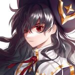  1girl black_hair dan123 frown hat highres long_hair looking_at_viewer lord_of_heroes pale_skin pirate pirate_hat red_eyes rosanna_devicci rosanna_devicci_(dark) white_background 