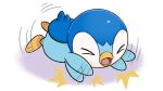  &gt;_&lt; ^^^ closed_eyes commentary_request full_body lying no_humans official_art on_stomach open_mouth piplup pokemon pokemon_(creature) project_pochama solo tantrum tongue white_background 