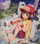  1girl bakusou_kyoudai_let&#039;s_&amp;_go!! banned_artist barefoot baseball_cap bike_shorts brown_eyes brown_hair dfer feet from_above hand_on_own_knee hat highres legs looking_at_viewer looking_up outdoors ponytail purple_shorts red_headwear sagami_jun shirt short_hair shorts sitting sleeveless sleeveless_shirt smile solo toes wristband yellow_shirt 