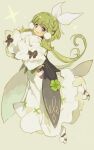  1girl blush bow cannae_le_fey dress fairy fairy_wings full_body green_hair hair_bow hair_ornament kuzuvine long_hair looking_at_viewer lord_of_heroes pale_skin solo violet_eyes wings 