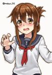  1girl anchor_symbol black_sailor_collar brown_eyes brown_hair commentary_request curled_fingers folded_ponytail inazuma_(kancolle) kantai_collection long_hair looking_at_viewer makun_dx neckerchief one-hour_drawing_challenge red_neckerchief sailor_collar school_uniform serafuku simple_background solo twitter_username upper_body white_background 