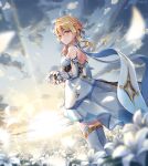  1girl backless_outfit bare_shoulders blonde_hair blush capelet clouds cloudy_sky dress feather_hair_ornament feathers field flower flower_field gauntlets genshin_impact hair_between_eyes hair_flower hair_ornament holding holding_flower looking_at_viewer lumine_(genshin_impact) outdoors short_hair sky sunlight white_dress white_flower yellow_eyes zhandou_greymon 