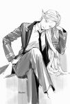  1girl collared_shirt ducheol elf head_rest long_hair long_sleeves looking_at_viewer lord_of_heroes monochrome necktie olivia_pavlichenko pale_skin pants pointy_ears shirt 