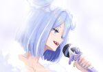  1girl bangs blue_eyes blue_hair collarbone elira_pendora english_commentary fangs fur_trim hair_over_one_eye head_wings highres holding holding_microphone looking_down microphone music nijisanji nijisanji_en off_shoulder official_alternate_costume one_eye_covered open_mouth qtini short_hair singing smile solo 