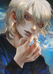 between_fingers blonde_hair blue_eyes cigarette eyelashes hair_between_eyes haruwosi highres holding holding_cigarette lips long_sleeves looking_at_viewer male_focus nose original parted_lips realistic smoke smoking solo upper_body veins 