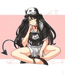  absurdres anklet ayanobro bangs black_hair blush collar crossed_legs demon_horns demon_tail green_eyes hat heart high_heels highres hood hoodie horns jewelry long_hair original shorts simple_background smile tail twintails 