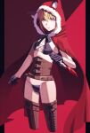 1girl black_bra black_gloves black_souls black_thong blonde_hair blood blue_eyes breasts brown_belt brown_boots brown_corset eyebrows eyebrows_behind_hair eyes fur_trim hair knife lace-up_boots mukuro666 red_cloak red_riding_hood_(black_souls) small_breasts thigh_boots weapon