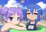  2girls :3 ahoge aircraft armpits bangs bare_shoulders beach beach_umbrella blue_eyes blue_hair blue_swimsuit blush building closed_eyes closed_mouth clouds collarbone day dirigible dot_nose double_bun eyebrows_visible_through_hair flat_chest green_innertube hair_between_eyes hair_ornament hair_ribbon highres hiiragi_kagami in_water innertube izumi_konata light_frown long_hair lucky_star mole mole_under_eye multiple_girls ocean parted_bangs purple_hair railing red_swimsuit ribbon sand school_swimsuit sidelocks sky soda_bottle swimsuit tsurime umbrella upper_body white_ribbon wuju_(1198979953) 