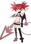  1girl ankleband arm_belt bandeau bangs bare_shoulders belt belt_buckle black_collar black_gloves black_legwear black_skirt blush boots buckle closed_mouth collar collarbone demon_tail demon_wings disgaea earrings elbow_gloves etna eyebrows_visible_through_hair flat_chest full_body gloves groin hair_between_eyes highres holding holding_polearm holding_weapon jewelry lance light_frown microskirt navel pencil_skirt pointy_ears polearm red_eyes redhead short_hair short_hair_with_long_locks sidelocks simple_background skindentation skirt skull_earrings slit_pupils solo standing tail thigh-highs thigh_boots twintails weapon white_background white_belt wings wristlet wuju_(1198979953) zettai_ryouiki 