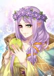  alternate_hairstyle apple breasts crescentia_fortuna english_commentary fire_emblem fire_emblem_heroes flower food fruit green_eyes hair_flower hair_ornament hair_over_shoulder head_wreath heterochromia highres holding holding_food holding_fruit idunn_(fire_emblem) large_breasts official_alternate_costume pointy_ears purple_hair red_eyes signature upper_body 