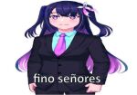  alternate_costume bad_aspect_ratio belt black_hair blank_stare blue_ribbon blue_shirt blush buttons collared_shirt color_filter colored_inner_hair dress_shirt eyebrows_visible_through_hair facing_viewer fino_senores_(meme) flower formal hair_flower hair_ornament hair_ribbon hand_in_pocket hina_misora light_smile long_hair looking_afar meme multicolored_eyes multicolored_hair necktie pant_suit photo-referenced pink_hair pink_necktie ribbon shirt simple_background spanish_flag streaked_hair suit suit_jacket translated two-tone_hair two_side_up violet_eyes virtual_youtuber wactor_production white_background white_flower wing_collar yellow_eyes yof_(sc_gazer) 
