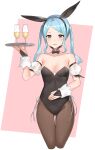  1girl alcohol alternate_costume bare_shoulders blue_hair breasts drink fire_emblem fire_emblem_fates flora_(fire_emblem) glass grey_eyes haru_(nakajou-28) highres leotard looking_at_viewer pantyhose pink_background plate playboy_bunny short_hair small_breasts smile solo twintails waitress 
