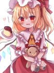  1girl absurdres animal_ears arm_up ascot back_bow bangs bear_ears black_eyes blonde_hair blush bow closed_mouth collared_shirt commentary_request crystal dark_skin dorowa_(drawerslove) dress eyebrows_visible_through_hair flandre_scarlet food frills grey_shirt hair_between_eyes hand_up hat hat_ribbon heart highres hug jewelry looking_to_the_side mob_cap multicolored_wings one_side_up open_mouth orange_hair plate pudding puffy_short_sleeves puffy_sleeves red_bow red_dress red_eyes red_ribbon ribbon shirt short_hair short_sleeves simple_background smile solo standing stuffed_animal stuffed_toy teddy_bear touhou translation_request white_background white_bow white_headwear wings wrist_cuffs yellow_ascot 