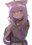  1girl :3 absurdres animal_ears bangs black_hoodie buckle cat_ears cat_girl cat_tail closed_mouth collar collarbone eyebrows_behind_hair highres hololive hood hoodie long_sleeves looking_at_viewer nao_(syn_eaa) navel nekomata_okayu purple_hair short_hair simple_background sleeves_past_wrists smile solo tail upper_body violet_eyes white_background 