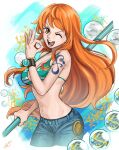  1girl bikini bracelet breasts brown_eyes commentary_request earrings fujitachobi highres jewelry large_breasts long_hair looking_at_viewer nami_(one_piece) one_piece open_mouth orange_hair smile solo swimsuit tattoo teeth 