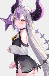  1girl ahoge ascot ass black_dress blush braid breasts demon_horns detached_sleeves dress eyebrows_visible_through_hair highres hololive horns huge_horns kanzarin la+_darknesss long_hair looking_at_viewer multicolored_hair no_panties open_mouth purple_hair short_dress small_breasts strapless strapless_dress tail virtual_youtuber white_hair yellow_eyes 