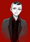  1boy collared_shirt danball_senki_wars grin itan_kyouji jacket looking_at_viewer male_focus monochrome murasaki_(fioletovyy) open_clothes open_jacket red_background red_eyes shirt short_hair smile solo teeth_hold undercut uneven_eyes upper_body 