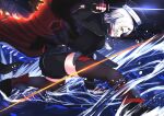 1girl azur_lane black_cape black_headwear black_legwear black_shirt black_shorts burning_clothes cape fingerless_gloves from_side gloves hat highres holding holding_sword holding_weapon horns kinu_(azur_lane) long_hair looking_at_viewer oni_horns peaked_cap red_gloves sakamoto_(slopepepepe) shirt shorts sideways_glance solo sword thigh-highs water weapon white_hair yellow_eyes 
