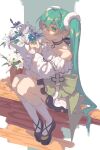  1girl :| ahoge aqua_eyes aqua_hair bangs bare_shoulders black_footwear bouquet bow braid closed_mouth collarbone commentary dated detached_collar dress eyelashes frilled_dress frills green_bow hair_between_eyes hands_up hatsune_miku highres holding holding_bouquet kneehighs knees_up long_hair looking_at_viewer mary_janes off_shoulder shoes sitting solo striped thick_eyebrows twintails vocaloid waist_bow white_dress white_legwear 