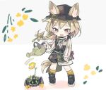  1girl :d animal arknights beanstalk_(arknights) black_footwear black_headwear black_shorts black_vest boots braid brown_hair chibi crab ears_through_headwear hat hyena_ears hyena_girl hyena_tail id_card long_hair long_sleeves metal_crab_(arknights) multicolored_hair naguru_(cyoroama) neck_ribbon open_mouth rainbow ribbon shirt shorts simple_background smile socks solo standing streaked_hair vest watering_can white_background white_ribbon white_shirt yellow_eyes 