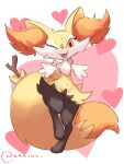  1girl :3 absurdres animal_ear_fluff animal_ears animal_feet animal_nose arms_up artist_name black_fur body_fur braixen commentary english_commentary fang flat_chest fox_ears fox_girl fox_tail fur_collar furry furry_female happy heart heart_background highres leg_up looking_at_viewer nakios navel one_eye_closed open_mouth outstretched_arms pink_background pokemon pokemon_(creature) red_eyes signature smile snout solo standing standing_on_one_leg stick stomach tail thick_thighs thighs twitter_username white_fur wide_hips yellow_fur 