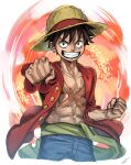  1boy black_hair commentary_request fujitachobi hat highres looking_at_viewer male_focus monkey_d._luffy one_piece pectorals scar short_hair smile solo straw_hat teeth 
