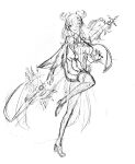  1girl bangs breasts capelet elira_pendora english_commentary graphite_(medium) greyscale hair_over_one_eye head_tilt head_wings high_heels highres holding holding_polearm holding_weapon lance leg_up long_hair looking_at_viewer medium_breasts monochrome nijisanji nijisanji_en open_hand polearm sketch smile solo traditional_media unfinished virtual_youtuber weapon white_background yana_(yanasayshi) 