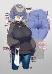  1girl ass black_hoodie breasts character_request copyright_request denim eyebrows_visible_through_hair glasses highres hood hoodie jeans large_breasts long_sleeves looking_at_viewer mole mole_under_eye mole_under_mouth namaniku_atk pants short_hair solo translation_request 