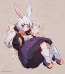  1girl animal_ears dongbaegsi dress flower highres looking_at_viewer lord_of_heroes mei_ling_qiao mei_ling_qiao_(dark) pale_skin rabbit_ears rabbit_girl red_eyes rose scrunchie solo twintails white_hair 