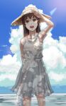  1girl absurdres arm_behind_back blue_skirt blush brown_eyes brown_hair clouds contrapposto dappled_sunlight dress hat highres long_hair looking_at_viewer open_mouth original shading_eyes skirt solo straw_hat summer sundress sunlight sweat taka_(wdnm8757) 