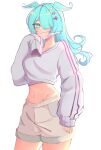  1girl absurdres adapted_costume blue_eyes blue_hair breasts cropped_sweater elira_pendora eyebrows_visible_through_hair frs_(_frs4_) grey_shorts hair_over_one_eye head_wings highres long_hair medium_breasts midriff navel nijisanji nijisanji_en one_eye_covered shorts sleeves_past_fingers sleeves_past_wrists solo sweater virtual_youtuber white_background white_sweater 