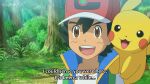  1boy :d ash_ketchum baseball_cap black_hair blue_vest brown_eyes derivative_work english_commentary forest hat highres leafbladex_yt light_rays looking_at_another nature open_mouth pikachu pokemon pokemon_(anime) pokemon_(creature) pokemon_swsh_(anime) screencap_redraw shirt smile spiky_hair subtitled sunbeam sunlight teeth twitter_username upper_body upper_teeth vest white_shirt 