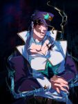  1boy black_hair bug butterfly chain from_above hat jojo_no_kimyou_na_bouken kujo_jotaro less_end long_coat male_focus partially_submerged silhouette sleeping solo star_(symbol) 