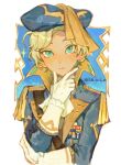  1girl bianca_devicci bianca_devicci_(water) blonde_hair blue_eyes freckles gloves hand_on_own_chin hat kuzuvine looking_at_viewer lord_of_heroes pale_skin pirate pirate_hat solo white_background 