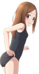  1girl ass bangs bare_arms bare_shoulders black_swimsuit blush breasts brown_eyes brown_hair commentary_request eyebrows_visible_through_hair forehead grin highres hippo_(hirople) karakai_jouzu_no_takagi-san long_hair looking_at_viewer looking_back one-piece_swimsuit parted_bangs school_swimsuit simple_background small_breasts smile solo swimsuit takagi-san white_background 
